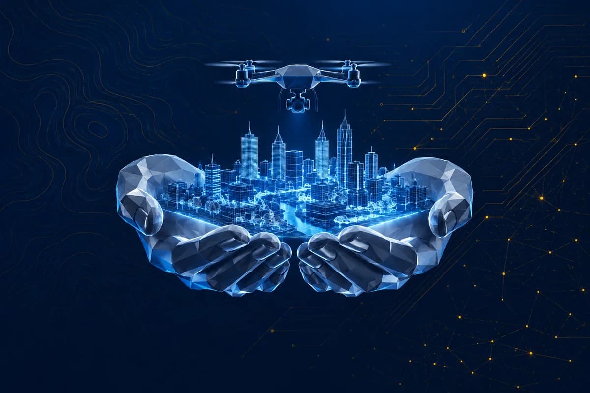 A digital city model held in cupped hands, representing the GeoVarix mission